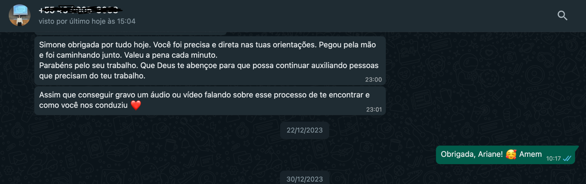 Mensagem de gratidão de aluna